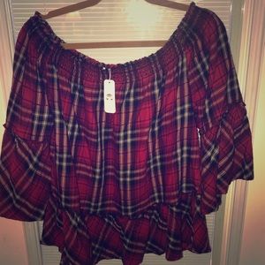 NWT Charming Charlie Red Plaid Off-Shoulder Top XL
